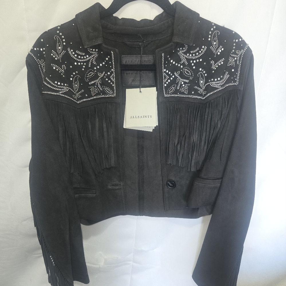 All Saints Black Leather Jacket with Abstract Embroidery
